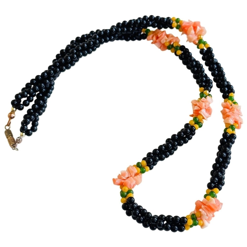 VTG Torsade Necklace Coral Onyx Jade Genuine Natural braided Beads Retro 70s 22"